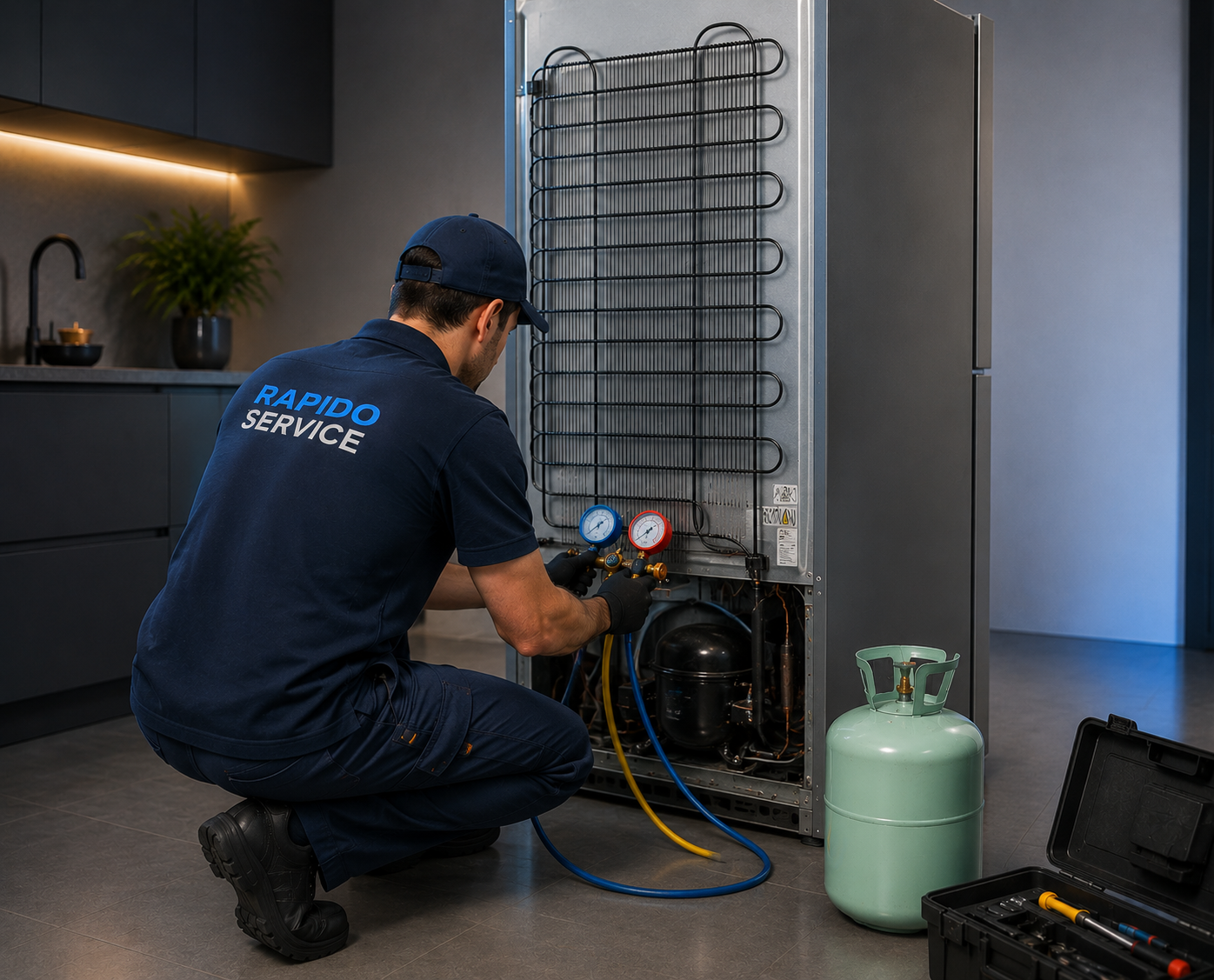 Técnico de Rápido Service realizando carga de gas en una heladera